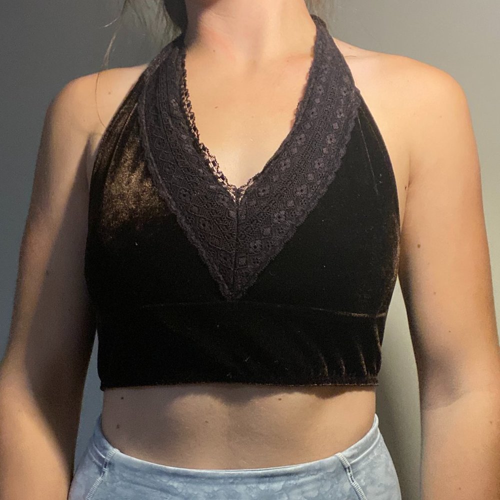 OneTheLand, brown velvet bralette/cropped v-neck halter top, size small